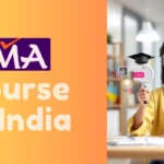 A young woman wearing glasses and a yellow shirt is seated at a desk with a laptop, holding a magnifying glass with the text "CMA" and icons related to education, such as a graduation cap and lightbulb. The background is a bright study space, and the text "CMA Course in India" is displayed prominently on an orange gradient background