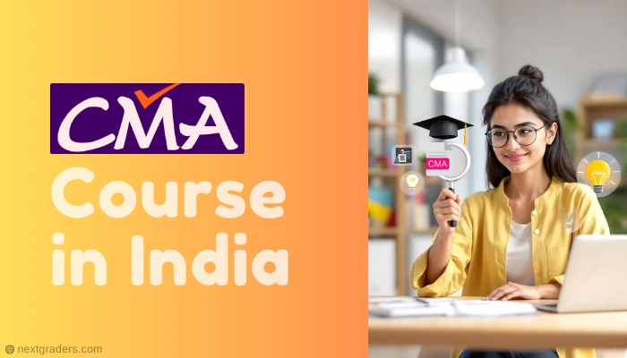 A young woman wearing glasses and a yellow shirt is seated at a desk with a laptop, holding a magnifying glass with the text "CMA" and icons related to education, such as a graduation cap and lightbulb. The background is a bright study space, and the text "CMA Course in India" is displayed prominently on an orange gradient background